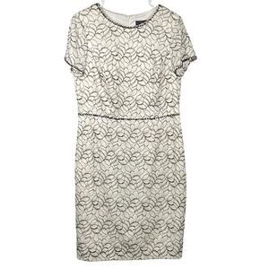 Adrianna Papell Womens Dress Size 12 White Black Beaded Short Sleeve Sheath